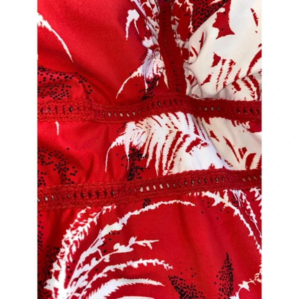 La Blanca Go Bold Bandeau One Piece Swimsuit Sz 10 Red White Palm Tummy Control